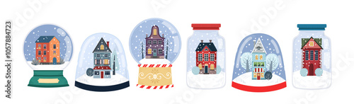 Christmas snow globe flat icon set. Crystal snowball with winter landscape, houses and trees. Winter holiday snowball with snowflakes. Colored isolated illustrations