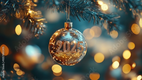 A beautifully decorated Christmas tree ornament marked with the year 2025, glowing with festive lights during the holiday season