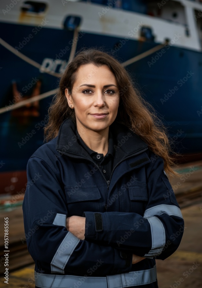 Confident female shipworker stands firmly in front of a docked vessel Confident female shipworker stands firmly in front of a docked vessel