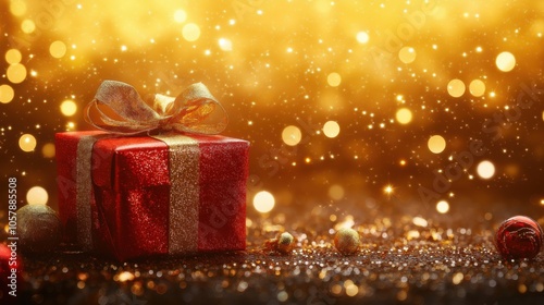 A festive red gift box with a gold ribbon surrounded by sparkling decorations and a warm golden background during the holiday season