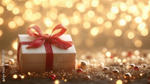 A beautifully wrapped gift box with a red ribbon surrounded by shimmering decorations during the festive season