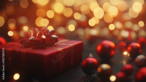 A beautifully wrapped red gift box surrounded by festive ornaments and sparkling lights during a cozy holiday celebration
