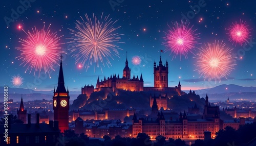 Grand castle with fireworks above, illuminated at night with city skyline and clock tower in view