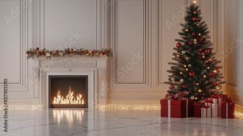 A cozy holiday setting with a beautifully decorated Christmas tree and a warm fireplace in a stylish room filled with seasonal cheer