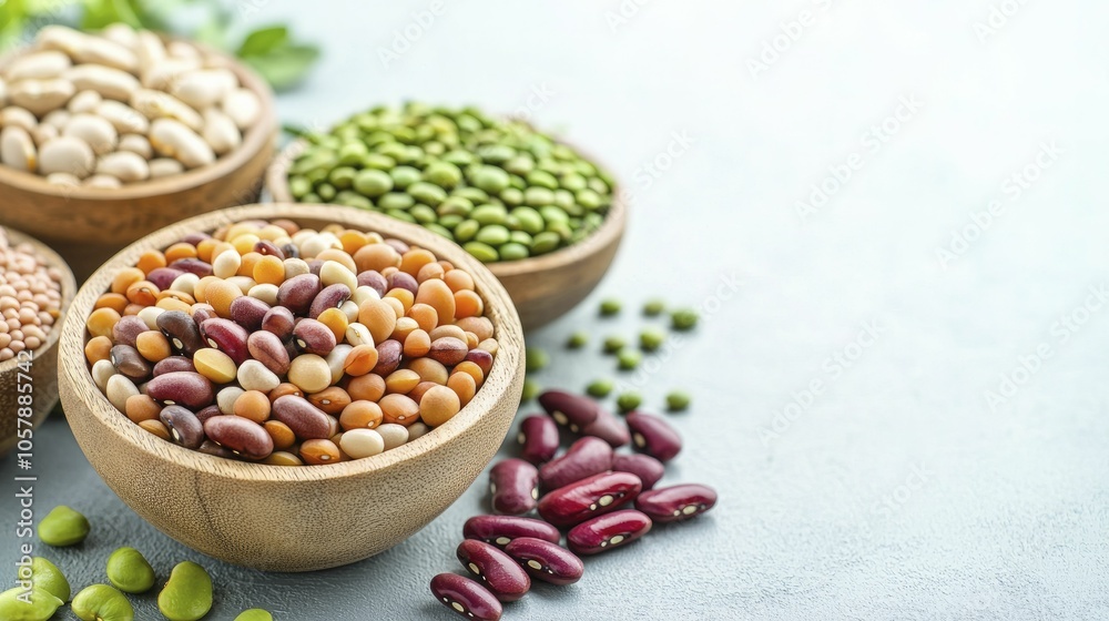 Variety of legumes arranged to emphasize fiber intake in diet, minimalist table setting, soft natural light, clean and fresh feel Variety of legumes arranged to emphasize fiber intake in diet, minimalist table setting, soft natural light, clean and fresh feel