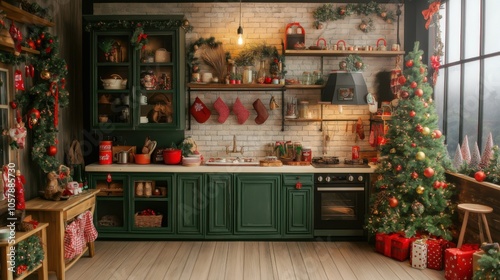 Festively decorated kitchen with Christmas tree, ornaments, and festive garlands in a cozy home setting during the holiday season