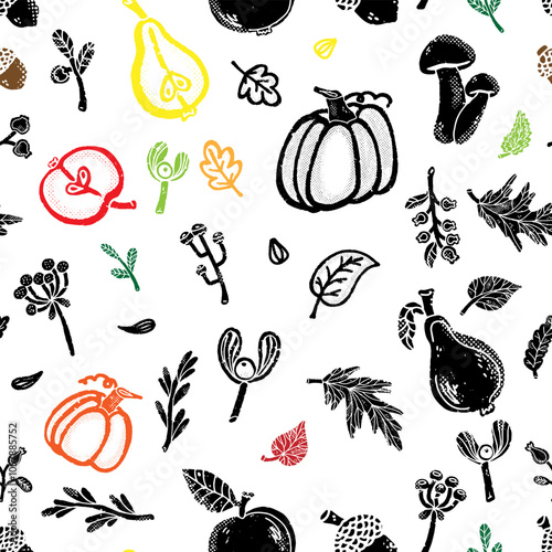 Trendy minimalism modern vegetable pattern Grunge, shabby texture of elements Scandinavian motifs Vector seamless pattern