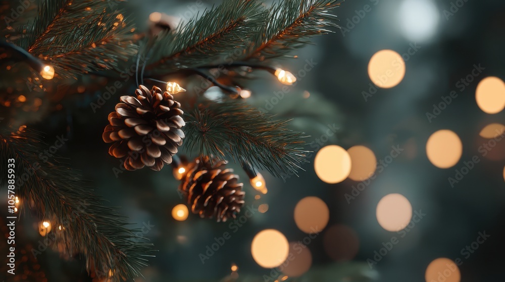 Decorative pine cones and warm lights adorn a Christmas tree with blurred bokeh in a cozy setting Decorative pine cones and warm lights adorn a Christmas tree with blurred bokeh in a cozy setting