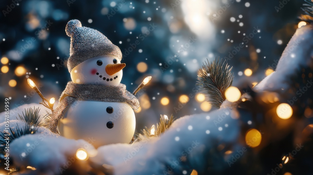 Fototapeta premium Cheerful snowman adorned with a silver hat smiling amidst softly falling snow and twinkling lights in a winter wonderland