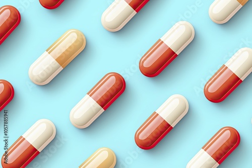 Vitamins in simple capsules arranged in a balanced pattern. Flat illustration with clean lines and soft hues for a calming ambiance.