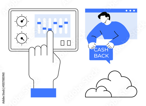 Hand adjusting control panel with sliders and dials, person holding cash back sign, and cloud icon. Ideal for financial services, user control, digital marketing, promotional campaigns, web design