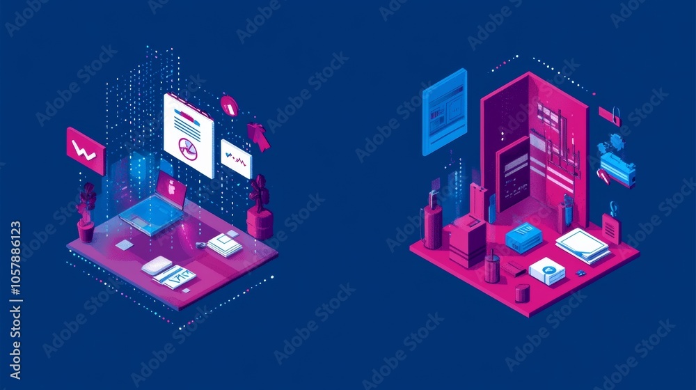 Isometric illustration of a futuristic office space with various tech icons and devices.
