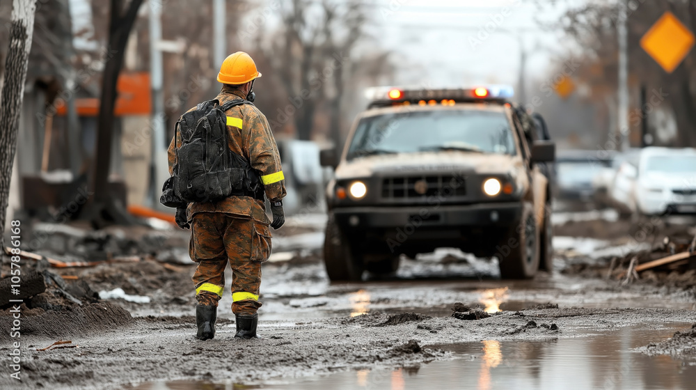 A construction worker in safety gear standing in a muddy street, facing a utility vehicle with flashing lights in an urban setting.