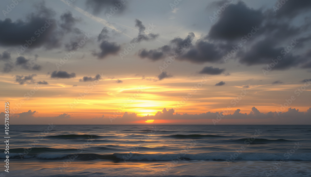 Panorama of sunset at Chaung Tha beach. Cloudy sky. Ending hour at seaside isolated with white highlights, png Panorama of sunset at Chaung Tha beach. Cloudy sky. Ending hour at seaside isolated with white highlights, png