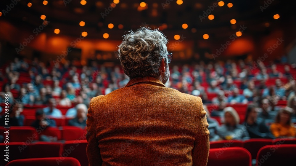 The audience is fully engaged as a speaker addresses them from the stage, creating an intimate atmosphere in a theater filled with warm lighting and anticipation at night The audience is fully engaged as a speaker addresses them from the stage, creating an intimate atmosphere in a theater filled with warm lighting and anticipation at night