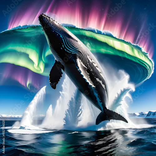 A symbol of freedom and vitality, the breaching whale under the vibrant northern lights inspires awe and optimism. The serene yet powerful scene invites viewers to connect with nature's beauty and rem photo