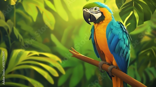   A vibrant blue-yellow parrot sat comfortably on a tree branch, surrounded by a lush green backdrop of plants and leaves, with warm sunlight filtering through the foli photo