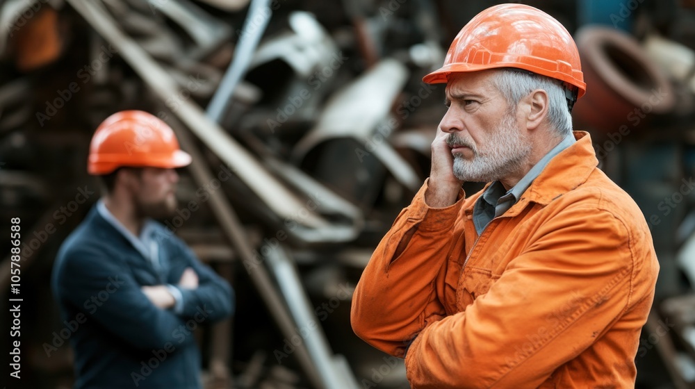 Two men in bright safety helmets stand at a scrapyard, with one appearing thoughtful and the other crossing his arms, surrounded by piles of metal debris on a sunny afternoon Two men in bright safety helmets stand at a scrapyard, with one appearing thoughtful and the other crossing his arms, surrounded by piles of metal debris on a sunny afternoon