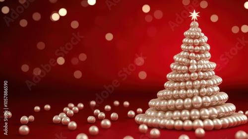 Decorative pearl Christmas tree on a vibrant red background with shimmering bokeh lights creating a festive holiday atmosphere