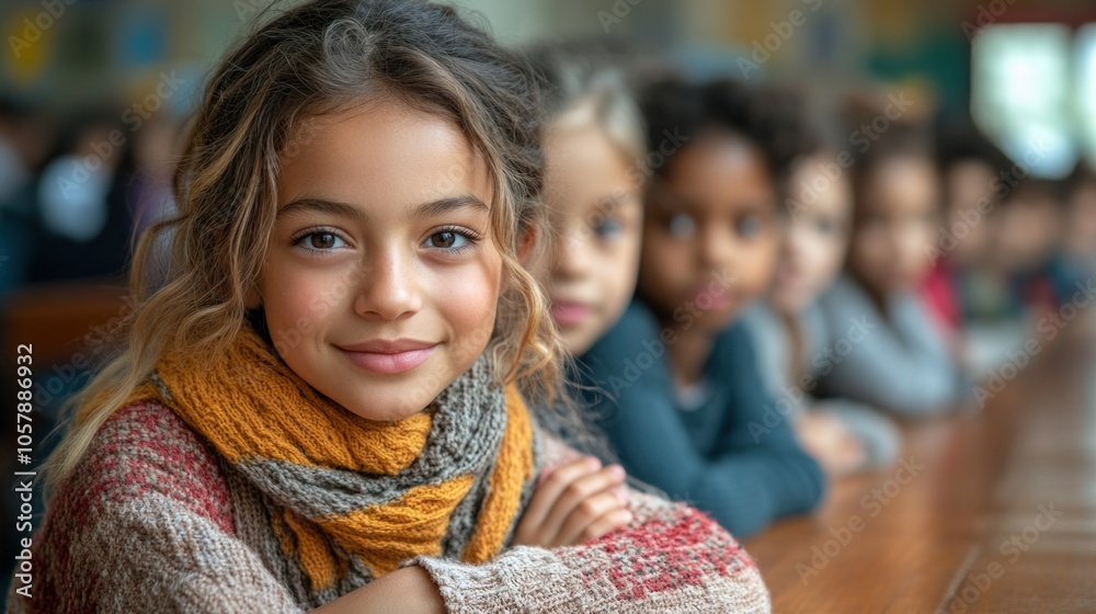 Obraz premium A cheerful young girl with wavy hair and a colorful scarf sits at the front of a long table, smiling warmly at the camera while surrounded by her classmates in a cozy classroom