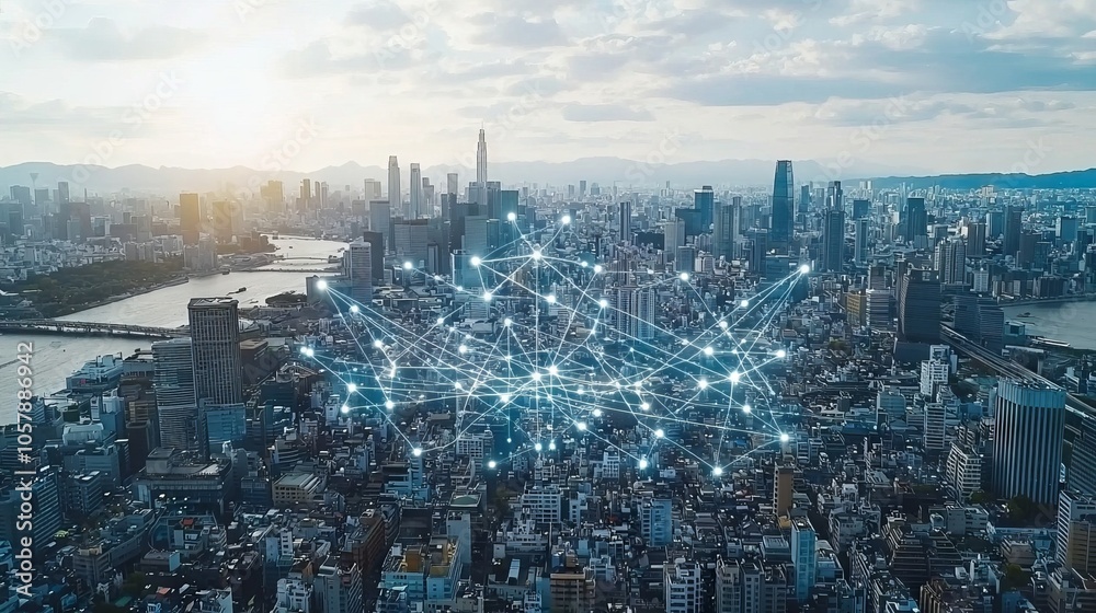 Fototapeta premium Concept of smart city and communication network. 5G. IoT Internet of Things. Telecommunication, city skyline futuristic modern smart building.
