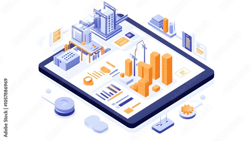 Digital illustration of data analysis featuring graphs, buildings, and tablets in a modern setting, perfect for business concepts. Digital illustration of data analysis featuring graphs, buildings, and tablets in a modern setting, perfect for business concepts.