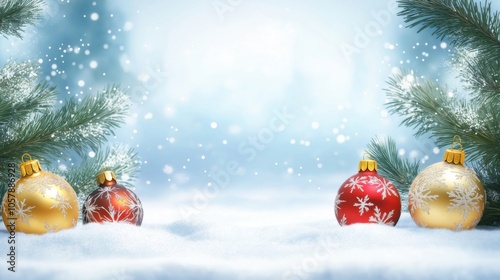 Beautiful snowy landscape adorned with festive ornaments and pine branches during the Christmas season