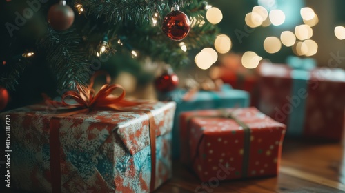 Christmas gifts wrapped in colorful paper under a beautifully decorated tree with twinkling lights in a cozy living room setting