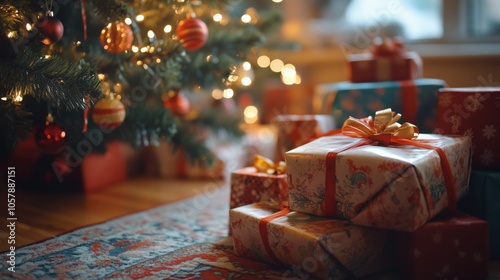 Colorful wrapped gifts under a decorated Christmas tree on a cozy winter evening in a warm living room setting