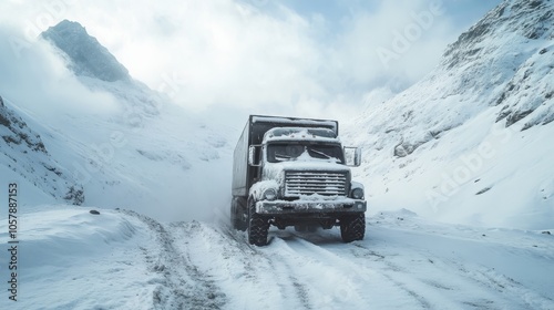 truck in mountains with snow .truck in the snow