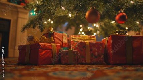Colorful wrapped gifts are stacked beneath a Christmas tree adorned with festive ornaments in a cozy holiday living room