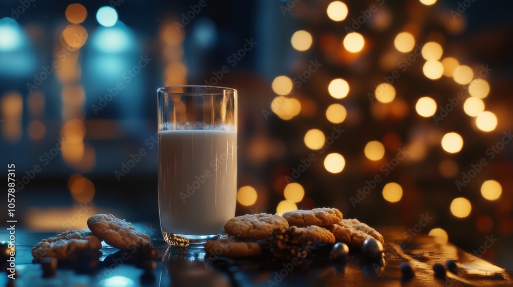 A cozy evening with milk and cookies near a beautifully lit Christmas tree