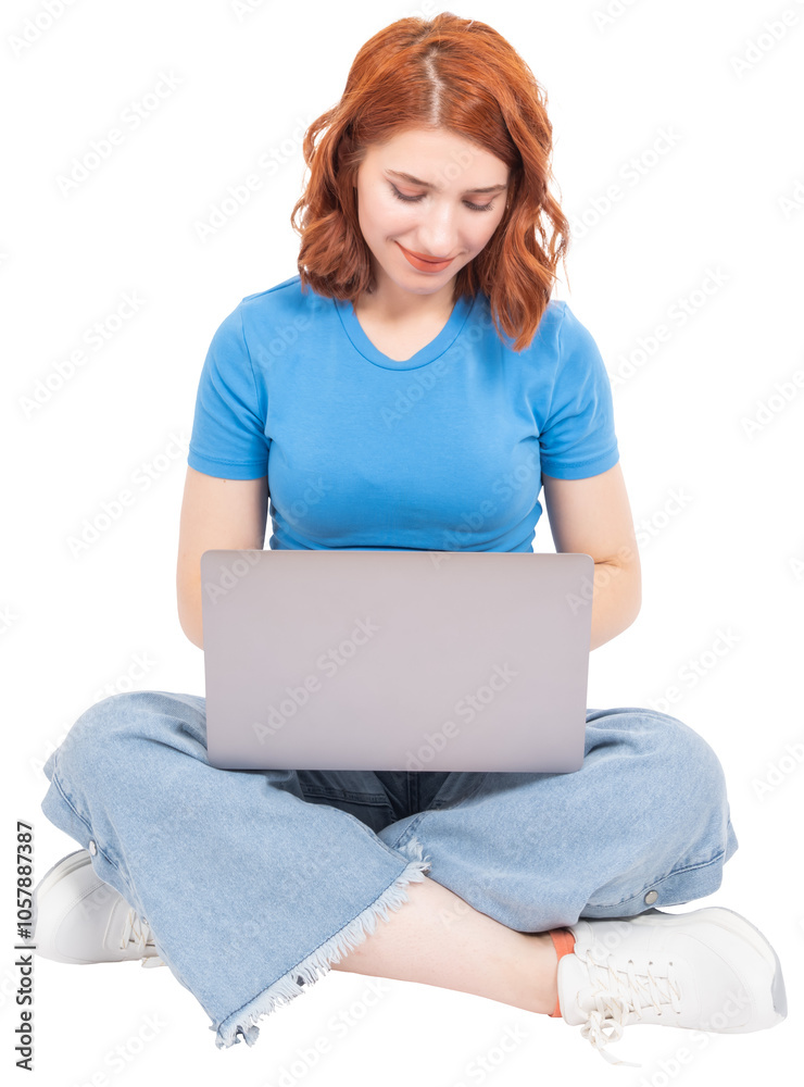 Woman using laptop, full body view young nice attractive caucasian woman using laptop. 20s girl sitting legs crossed typing on computer notebook. Wear casual t shirt, jean. Transparent png image. Woman using laptop, full body view young nice attractive caucasian woman using laptop. 20s girl sitting legs crossed typing on computer notebook. Wear casual t shirt, jean. Transparent png image.