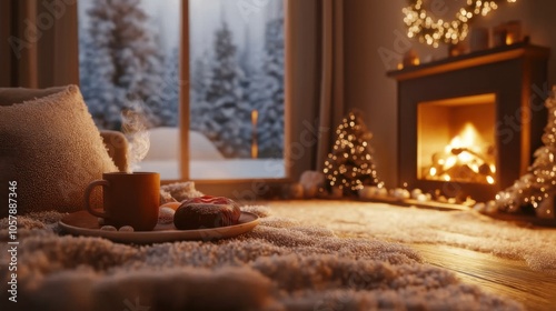 Cozy winter evening with hot beverage and festive decorations near a fireplace in a snow-covered landscape