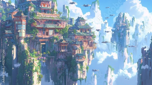 A beautiful digital painting depicting a futuristic city floating in the sky