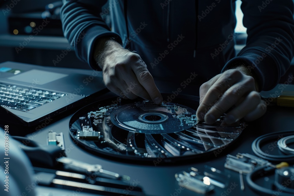 Naklejka premium computer repairman installing new hard disk drive in laptop