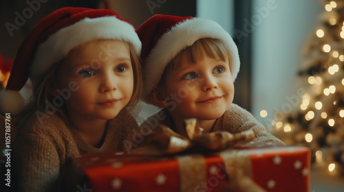 Children in Santa hats excitedly gaze at a beautifully wrapped gift near a decorated Christmas tree, capturing the holiday spirit