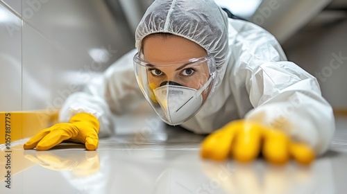 Pest control worker in protective gear spraying insecticide in a residential home, professional pest management services photo