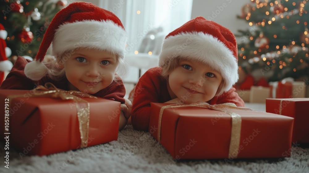 Two young children wearing Santa hats excitedly pose with Christmas presents in a cozy living room decorated for the holidays
