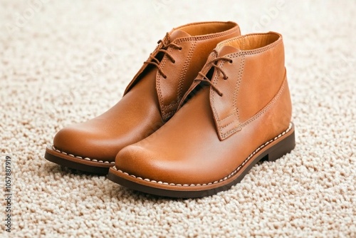 A pair of brown leather boots resting on a soft beige carpet perfect for autumn outdoor adventures