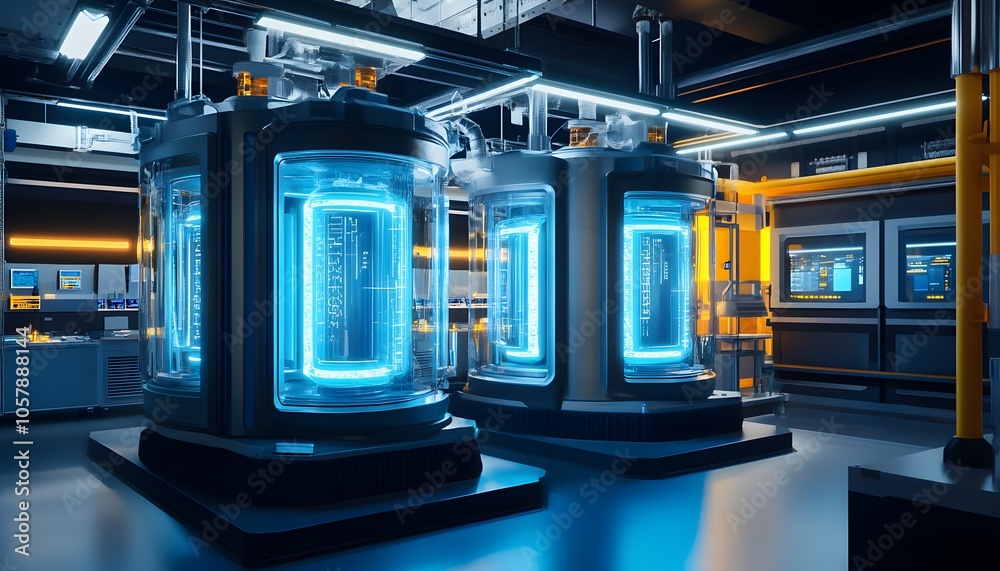 Futuristic laboratory featuring glowing bioreactors and advanced technology for scientific research and experimentation. Futuristic laboratory featuring glowing bioreactors and advanced technology for scientific research and experimentation.