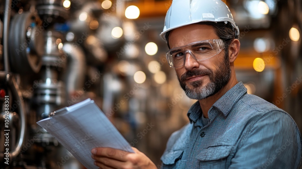 Specialist conducting a safety inspection in a chemical plant, symbolizing the critical role of safety protocols in manufacturing environments Specialist conducting a safety inspection in a chemical plant, symbolizing the critical role of safety protocols in manufacturing environments