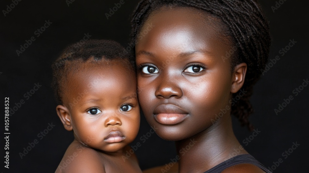 The mother gently cradles her baby, both showcasing smooth skin tones and expressive features. Their intimate bond is highlighted against a striking dark backdrop The mother gently cradles her baby, both showcasing smooth skin tones and expressive features. Their intimate bond is highlighted against a striking dark backdrop