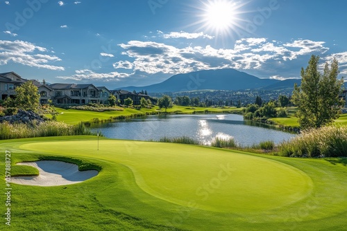 Scenic sunset over a lush golf course with water features and residential are...