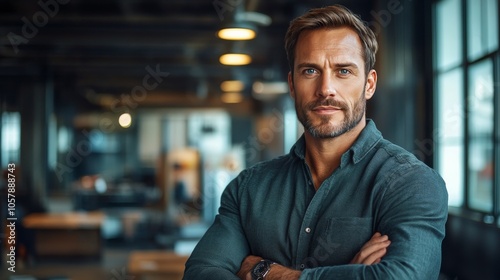 Confident man in a modern workspace during the afternoon with natural light a...