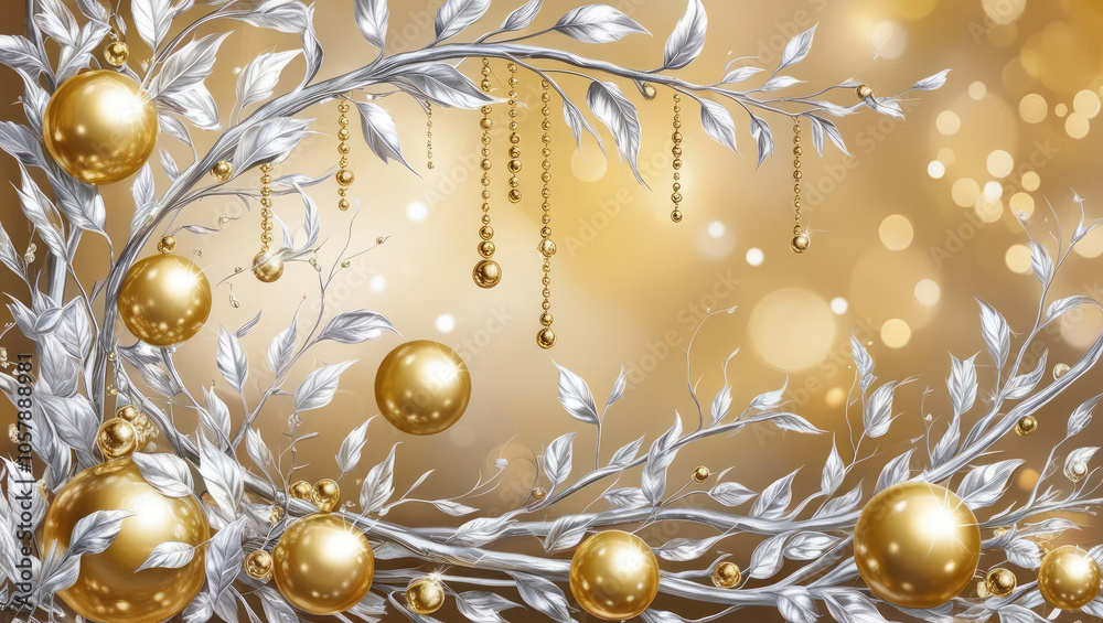 Fototapeta premium Elegant golden and silver holiday decorations on a shimmering background.