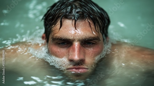 A man is submerged in water, gazing intently ahead as bubbles rise around him, creating a serene yet contemplative atmosphere in the pool