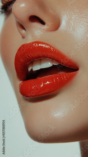 Close up of a womans lips adorned with bright red lipstick against a white ba...