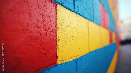 Colorful mural with red, blue, and yellow stripes on a brick wall in an urban...