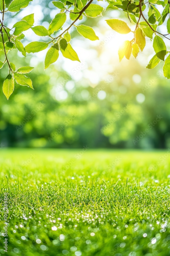Obraz premium A serene park in early spring showcasing lush green trees and morning dew under a misty sky